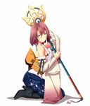  blue_eyes blue_hakama boots brown_hair detached_sleeves final_fantasy final_fantasy_x full_body green_eyes hakama heterochromia holding holding_wand japanese_clothes light_smile obi print_hakama sash seiza short_hair simple_background sitting solo staff tsukumo wand yuna_(ff10) 