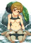  bare_shoulders barefoot bike_shorts blush breasts breasts_apart brown_eyes brown_hair brown_pubic_hair medium_breasts mimonel moderate_pubic_hair navel nipples no_bra persona persona_4 pubic_hair satonaka_chie shirt_lift short_hair sitting solo submerged tank_top wariza water wet wet_clothes wristband 