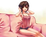  bad_id bad_pixiv_id breasts brown_eyes brown_hair camisole cleavage headphones kawagoe_pochi medium_breasts meiko open_mouth short_hair short_shorts shorts sitting smile solo vocaloid 