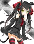  ahoge animal_ears ass_visible_through_thighs bare_shoulders belt black_hair blush cat_ears fang hair_ribbon kakao long_hair necktie open_mouth original ribbon skirt sleeves_past_wrists solo striped striped_legwear tail thighhighs twintails yellow_eyes zettai_ryouiki 