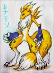  ambiguous_gender blue_eyes canine claws digimon elbow_gloves face_markings facial_markings fox gloves kiriska mammal markings plain_background renamon solo standing tail traditional_media white_background 