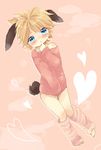  1boy ahoge animal_ears bad_id blonde_hair blue_eyes blush boy bunny_ears bunny_tail bunnyboy child crying heart hyerry kagamine_len leg_warmers male male_focus off_shoulder ponytail short_hair sleeves_past_wrist sleeves_past_wrists solo sweater tail tears touyama_soboro trap vocaloid 