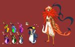  animal_costume bald beard dondongarara facial_hair full_body katanagatari male_focus maniwa_houou maniwa_pengin multiple_boys penguin_costume pixel_art red_background simple_background standing 