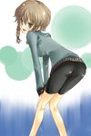  amane_suzuha bike_shorts blush braid brown_eyes brown_hair from_behind hands_on_own_knees jacket looking_back open_mouth short_hair_with_long_locks side_braid solo standing steins;gate tilm track_jacket twin_braids 