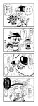  4koma abua blush_stickers check_translation cloud comic crowbar food fruit greyscale hair_ribbon hat highres hinanawi_tenshi long_hair minigirl monochrome multiple_girls nagae_iku peach ribbon shiki_eiki touhou translated translation_request 