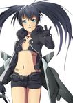  barcode barcode_tattoo bikini_top black_hair black_rock_shooter black_rock_shooter_(character) black_rock_shooter_(game) blue_eyes coat gloves highres long_hair mechanical_wings midriff navel paintedmike shorts simple_background solo symbol-shaped_pupils tattoo twintails wings 