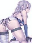  all_fours ass ass_cutout backless_outfit bare_back bare_shoulders bed braid breasts elbow_gloves fumio_(rsqkr) gloves kaine_(nier) long_hair looking_back medium_breasts nier nier_(series) silver_eyes silver_hair single_thighhigh solo thighhighs underboob 