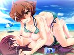  ahoge arcana_heart arcana_heart_2 bare_shoulders beach bikini blush breast_press breasts brown_eyes brown_hair clarice_di_lanza cleavage closed_eyes cloud day elsa_la_conti fingernails hair_over_one_eye hug kazumasa large_breasts long_fingernails long_hair lotion lying multiple_girls on_back on_person outdoors pointy_ears short_hair side-tie_bikini sky sunscreen swimsuit symmetrical_docking topless very_long_hair wings yuri 