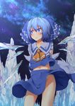  arms_behind_back ascot bad_id bad_pixiv_id blue_eyes blue_hair blush bow cirno collarbone cosplay detached_sleeves fusion hair_bow hakurei_reimu hakurei_reimu_(cosplay) ice ice_wings looking_up midriff navel night short_hair skirt skirt_set sky solo star_(sky) starry_sky touhou upskirt wings yoo_(tabi_no_shiori) 