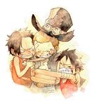  bandages bandaid belt black_hair bruise buckle clenched_teeth closed_eyes colored_pencil_(medium) goggles grin hat hug injury matsumoto_musubi missing_tooth monkey_d_luffy multiple_boys neckwear_grab one_piece portgas_d_ace sabo_(one_piece) scar scarf shirt sleeveless sleeveless_shirt smile snot teeth top_hat traditional_media younger 