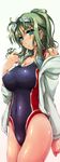  blue_eyes blush breasts cleavage competition_swimsuit goggles goggles_on_head green_hair highres large_breasts long_hair one-piece_swimsuit open_clothes original ouma_tokiichi shiny shiny_skin solo swimsuit swimsuit_under_clothes wet 