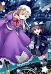  blonde_hair boots brown_eyes brown_hair cross-laced_footwear ghostly_field_club hat hitsuki_rei holding_hands lace-up_boots long_hair maribel_hearn multiple_girls purple_eyes short_hair touhou usami_renko 