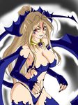  1girl aa_megami-sama ah_my_goddess bat_wings belldandy blonde_hair breasts cleavage corruption demon demon_girl eyeshadow facial_mark fang fangs female forehead_mark jewelry large_breasts lipstick long_hair makeup marller marrler nail_polish navel necklace ponytail red_eyes red_nails smile solo transformation wings 