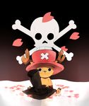  bad_id bad_pixiv_id cherry_blossoms chiro_(pez777) flag footprints hat jolly_roger no_humans one_piece pink_hat shorts sitting skull_and_crossbones smile snow solo tony_tony_chopper top_hat 
