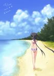  2011 arms_behind_back barefoot beach bikini black_hair blue_sky cloud dated day errant from_behind k-on! long_hair nakano_azusa ocean outdoors sand sky solo swimsuit tree twintails walking 