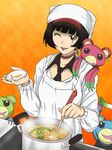  banboro_(technobot) black_hair bob_cut cooking earrings food jewelry kriem lipstick mad_bear_(tiger_&amp;_bunny) makeup necktie one_eye_closed short_hair solo soup tattoo tiger_&amp;_bunny 