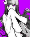  1girl alternate_hair_color apu arrancar bangs black_hair bleach blunt_bangs covering_mouth cyan_sung-sun expressionless facial_mark hand_over_mouth long_hair lowres purple_background purple_eyes simple_background sleeves_past_wrists solo sun-sun 