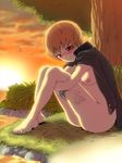  ahoge barefoot blush breasts commentary_request jacket jacket_on_shoulders leg_hug medium_breasts mimonel nature nipples nude outdoors persona persona_4 satonaka_chie short_hair sitting smile solo sunset tree wristband 
