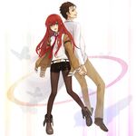  1girl black_hair brown_hair brown_legwear holding_hands jacket labcoat legwear_under_shorts makise_kurisu necktie okabe_rintarou pantyhose red_neckwear shorts steins;gate yoriko_(shiyo) 