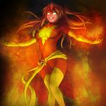  bodysuit boots breasts collaboration colorized cosplay dark_phoenix dark_phoenix_(cosplay) elbow_gloves eva_02 gloves glowing glowing_eyes highres jean_grey jean_grey_(cosplay) large_breasts long_hair marvel matsu-sensei neon_genesis_evangelion non-web_source orange_hair phoenix_(x-men) red_bodysuit sash skin_tight solo souryuu_asuka_langley thigh_boots thighhighs 