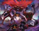  axe broken cape crossover damaged drill getter-1 getter-2 getter-3 getter_robo great_mazinger great_mazinger_(robot) kneeling mazinger_z mazinger_z_(mecha) mecha no_humans sitting size_difference torn_clothes weapon yusao 