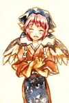  ^_^ animal_ears blush closed_eyes hands_together hat head_scarf japanese_clothes mystia_lorelei okamisty own_hands_together pink_hair shinoasa short_hair smile solo tasuki touhou traditional_media wings 
