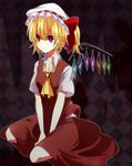  annoyed ascot bad_id bad_pixiv_id blonde_hair bow crystal flandre_scarlet hat hat_bow highres l_d_music no_nose pink_eyes short_hair short_sleeves side_ponytail skirt solo touhou wings 