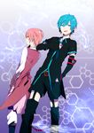  :q armband blue_eyes blue_hair crossover genderswap genderswap_(ftm) hatsune_mikuo highres jewelry kaname_madoka kaname_madou kurono_yuu looking_back mahou_shoujo_madoka_magica male_focus multiple_boys pink_hair short_hair single_earring tongue tongue_out vocaloid yellow_eyes 