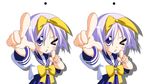  blue_eyes foreshortening hiiragi_tsukasa lucky_star one_eye_closed pointing purple_hair rindou_(awoshakushi) ryouou_school_uniform school_uniform serafuku short_hair stereogram yellow_neckwear 