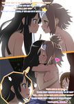  3girls :&lt; akiyama_mio bad_id bare_shoulders blush breasts embarrassed eye_contact eyes_closed female hard_translated heart highres hirasawa_yui hug incipient_kiss k-on! looking_at_another multiple_girls nipples o_o open_mouth panties shy skirt smile striped striped_panties surprised sweat tainaka_ritsu topless translated underwear ushisuke yuri 