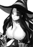  breasts cleavage dragon's_crown dress greyscale hat large_breasts long_hair monochrome phandit_thirathon skeleton solo sorceress_(dragon's_crown) strapless strapless_dress witch_hat 