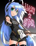  ahoge bad_id bad_pixiv_id blue_hair electric_guitar fingerless_gloves gloves green_eyes guitar headphones instrument izumi_konata kogaku_kazuya long_hair lucky_star mole mole_under_eye solo thighhighs 