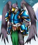  anthro armor avian beak bird blue cloud clouds feathers gold green_eyes male metal outside safe sky solo some_anger unknown_artist wings 