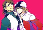  barnaby_brooks_jr blonde_hair brown_eyes brown_hair cabbie_hat cosplay costume_switch facial_hair glasses green_eyes hat jacket jewelry kaburagi_t_kotetsu makashiki_(aarni_0) male_focus multiple_boys necklace necktie red_jacket stubble tiger_&amp;_bunny vest 