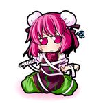  bandages blush bun_cover chibi cuffs double_bun dress flower green_dress ibaraki_kasen ichimi multicolored multicolored_clothes multicolored_dress pink_eyes pink_hair purple_dress red_flower red_rose rose self_bondage shackles sitting solo sweatdrop tabard touhou wavy_mouth 