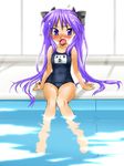  :o arm_support bad_id bad_pixiv_id bangs barefoot blue_eyes bow covered_navel embarrassed flat_chest hair_bow highres hiiragi_kagami indoors kamia_(not_found) legs long_hair looking_at_viewer lucky_star name_tag on_ground one-piece_swimsuit pool poolside purple_hair refraction school_swimsuit sitting soaking_feet solo surprised sweatdrop swimsuit twintails very_long_hair water window 
