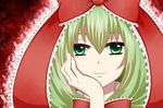  bow chin_rest face frills front_ponytail green_eyes green_hair hair_bow kagiyama_hina large_bow long_hair looking_at_viewer nicarali smile solo touhou 