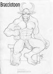  balls black_and_white bracciotoon erection gay horn male minotaur monochrome muscles nude penis plain_background solo white_background 