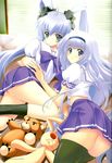  black_legwear hairband highres inia_sestina long_hair looking_back miyata_sou multiple_girls muvluv muvluv_alternative muvluv_total_eclipse purple_hair school_uniform serafuku socks stuffed_animal stuffed_toy thighhighs twintails very_long_hair yashiro_kasumi zettai_ryouiki 