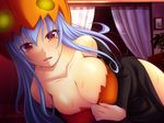  bad_id bad_pixiv_id bare_shoulders blue_hair blush breasts cleavage collarbone hotaru_(akappera) large_breasts long_hair looking_at_viewer lying mole mole_under_eye on_side original pumpkin_hat red_eyes solo sweat 