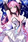  :o armpits arms_up between_breasts black_hair breasts chain cleavage collar feathers green_eyes ikaros large_breasts long_hair multicolored_hair nana_g navel parted_lips pink_hair ribbon shiny shiny_skin solo sora_no_otoshimono twintails wings 