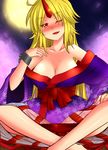  bare_shoulders between_legs blonde_hair blush breasts chain cleavage cup fang full_moon highres horn hoshiguma_yuugi indian_style japanese_clothes large_breasts long_hair moon off_shoulder one_eye_closed open_mouth petals red_eyes roki_(hirokix) sitting solo star touhou wrist_cuffs 