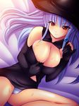  areola_slip areolae bad_id bad_pixiv_id blue_hair blush breasts cleavage elbow_gloves gloves hair_ornament hat hotaru_(akappera) large_breasts light_smile long_hair lying mole mole_under_eye on_back original panties red_eyes solo sweat underwear 