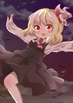  ascot bad_id bad_pixiv_id bird blonde_hair blush cloud dress_shirt face fang hair_ribbon highres kuromame_(8gou) night open_mouth outstretched_arms red_eyes ribbon rumia shirt short_hair skirt skirt_set sky smile solo spread_arms touhou vest 