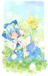  blue_dress blue_hair blue_sky bow cirno closed_eyes clover clover_(flower) daiyousei dress fang flower flower_bracelet four-leaf_clover green_hair hair_bow hair_flower hair_ornament hands_on_own_chest highres ice imminent_kiss multiple_girls open_mouth shipu_(toppintetratorten) shirt side_ponytail skirt skirt_set sky smile touhou wavy_mouth wings 