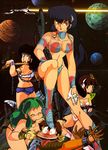  1boy 4girls benten bikini black_hair green_hair highres horns legs long_hair lum miyake_shinobu moroboshi_ataru multiple_girls oni sakura_(urusei_yatsura) scan short_hair space swimsuit thighs urusei_yatsura 