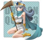  belt blue_eyes blue_hair boots cape circlet copyright_name dragon_quest dragon_quest_iii dress gloves kokutou_eiri long_hair sage_(dq3) sitting staff 