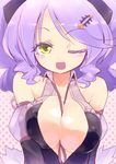  bare_shoulders between_breasts breasts chandelure cleavage colored_eyelashes costume gen_5_pokemon homura_subaru large_breasts md5_mismatch one_eye_closed open_mouth personification pokemon purple_hair solo yellow_eyes 