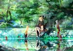  animal_ears bad_id bad_pixiv_id blonde_hair chinese_zodiac dog dog_ears hair_ornament hair_tubes highres japanese_clothes kimono obi open_mouth original pond reflection river sash shide sitting solo stairs stream tabi tree ume_(plumblossom) water yellow_eyes 