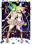  aqua_eyes blonde_hair boots flower green_eyes green_hair gumi hair_flower hair_ornament hair_ribbon kagamine_rin midriff multiple_girls ribbon rugo short_hair skirt smile vocaloid 